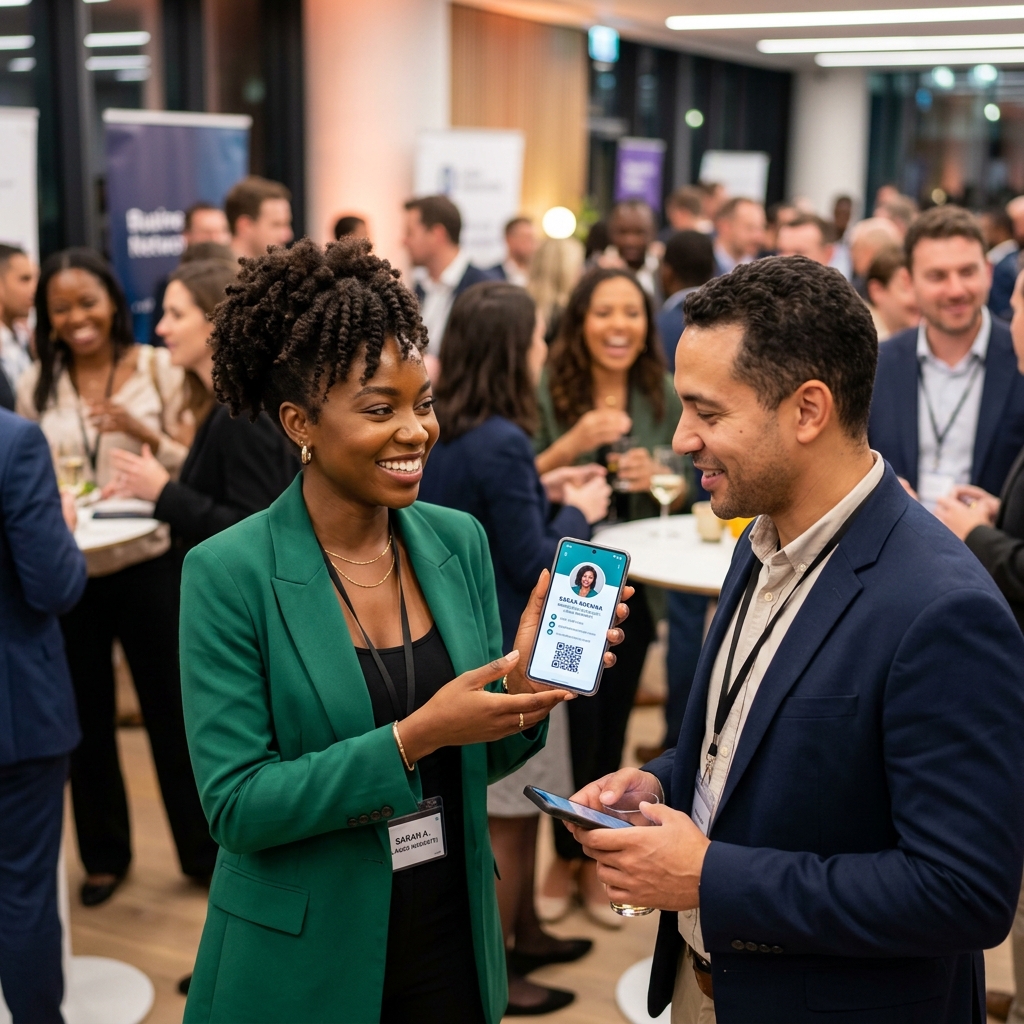 Professional sharing digital business card at networking event